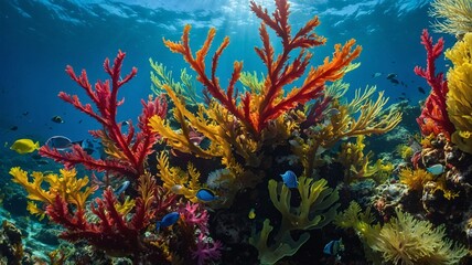 Obraz premium Vibrant underwater coral reef teeming with colorful marine life and sunlight filtering through the water.