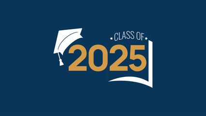 Class of 2025. Gold number, education academic cap and open book on blue background. Template for graduation design frame, high school, college congratulation graduate, yearbook. Vector illustration.