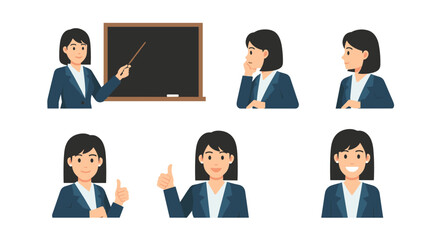 Female teacher character set at a blackboard. Vector illustration of a woman professor explaining, presenting, and giving a thumbs up.
