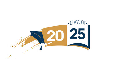 Class of 2025. White and blue number, education academic cap and open book. Template for graduation design frame, high school, college congratulation graduate, yearbook. Vector illustration.