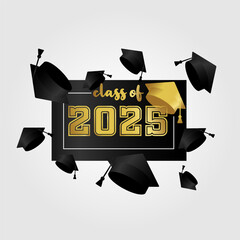 Class of 2025. Gold number with education academic cap on white background. Template for graduation design frame, high school or college congratulation graduate, yearbook. Vector illustration