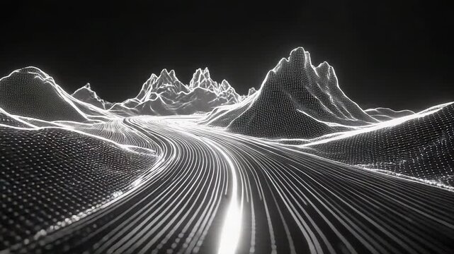 Glowing wireframe road leading to digital mountains in abstract cyberspace landscape