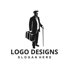 An elderly gentleman standing with a cane and holding a suitcase, designed as a logo