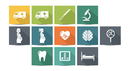 Fototapeta premium Medical and healthcare flat icon set. Colorful square symbols for hospital and science, including ambulance, microscope, brain, and dental care.