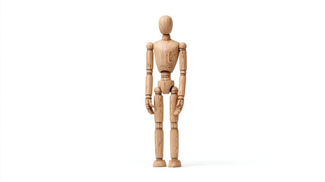 Articulated wooden mannequin figure standing upright on an isolated white background - Powered by Adobe