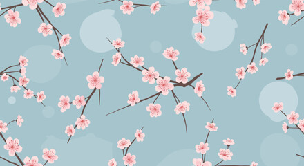 Delicate pink cherry blossoms adorn a soft blue background with subtle bubbles