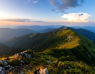 Mountain vista at sunset. Lush green slopes meet rocky peaks under a vibrant sky