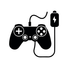 Icon graphic of a wired video game controller charging with an electrical symbol