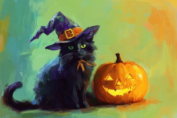 A vibrant painting showcases a black cat wearing a witch's hat, next to a pumpkin with a friendly jack-o'-lantern face, set against a backdrop of soft, pastel colors.