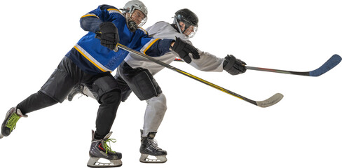 Obraz premium Ice hockey players battling for puck with extended reach on transparent background. Concept of competition, strength, action, determination, teamwork and athletic challenge.