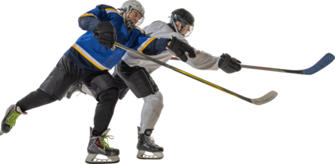 Ice hockey players battling for puck with extended reach on transparent background. Concept of competition, strength, action, determination, teamwork and athletic challenge.
