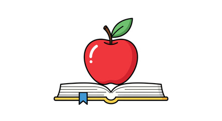 Vector illustration of red apple on an open book with a bookmark