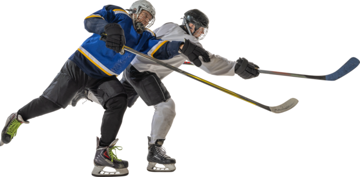 Ice hockey players battling for puck with extended reach on transparent background. Concept of competition, strength, action, determination, teamwork and athletic challenge.