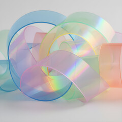 Abstract pastel ribbons with iridescent gradient swirls on white background, minimal art concept