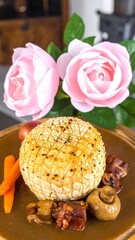 Roasted, round, light-colored food item on a wooden platter with vegetables and sauce, beside pink roses