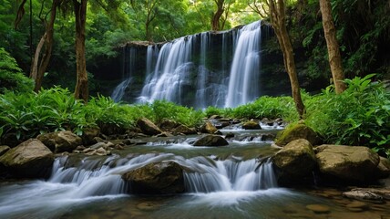 Obraz premium A serene waterfall cascades over rocks, surrounded by lush greenery and vibrant foliage, creating a tranquil natural oasis.