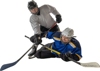 Intense ice hockey fight for puck with one player on ground on transparent background. Concept of...