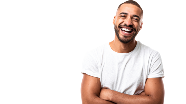 Joyful Black Man Laughing with Arms Crossed on White Background, cut out transparent