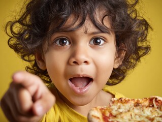 Naklejka premium A young child, with wide eyes and an open mouth, excitedly points at something, likely food, against a vibrant yellow background.