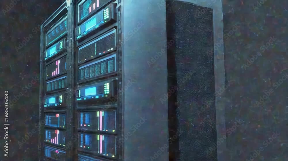 Poster server rack processing data in a futuristic digital environment