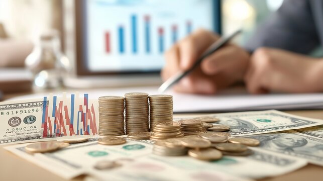 A financial analyst, holding a pen and analyzing colorful bar graphs on paper, with piles of coins and banknotes spread on the table, set in a professional conference room - Powered by Adobe