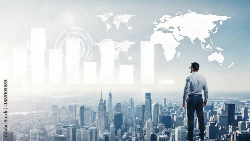 Aufkleber man standing overlooking city with digital overlays of world map and data visualizations above the b