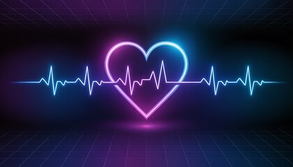 Fototapeta premium Vibrant neon heart with electrocardiogram pulse line in a dark moody atmosphere