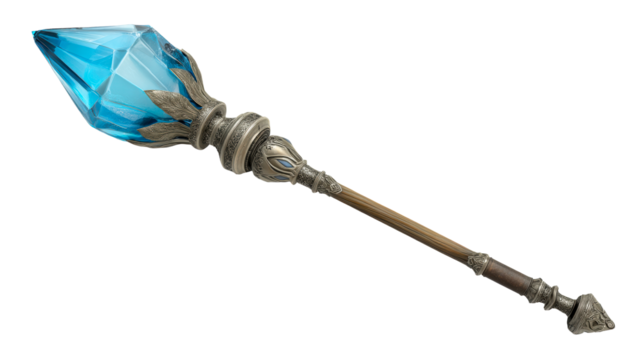 Ornate fantasy scepter with faceted blue gemstone and detailed metalwork, cut out transparent