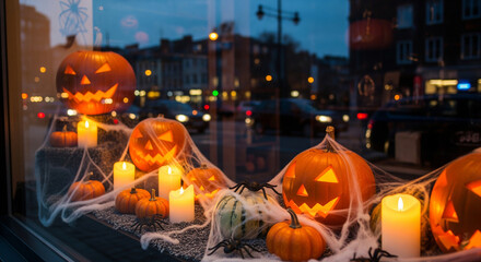 Storefront window decorated with pumpkins and candles, realistic Halloween display