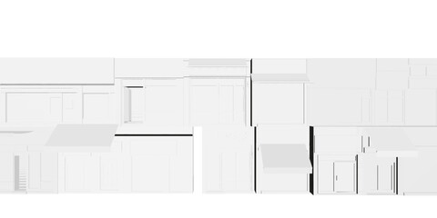Polygonal kitchen shop interior with Asian-inspired design, featuring orderly cabinets, sink, stove, and refrigerator in a modern black and white drawing.