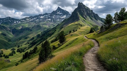 Obraz premium Panoramic View of Austrian Green Mountains with Forests and Snow-Capped Peaks, Winding Trail and Hikers under Clear Blue Sky, Perfect for Travel Promotion, Scenic Decor, and Outdoor Adventure Concepts