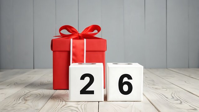 Red gift box with ribbon and wooden blocks showing the number twenty six