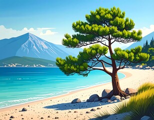 Serene beach scene with pine tree