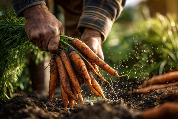 Close-up of farmers hands pulling ripe carrots from the ground.