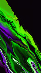 Neon green line on black background. Abstract defocused purple pink liquid wave. Glitch Art trippy digital screen. Backdrop. banner. Tech trendy texture.Virtual Reality. Carbon neutrality. Wallpaper.