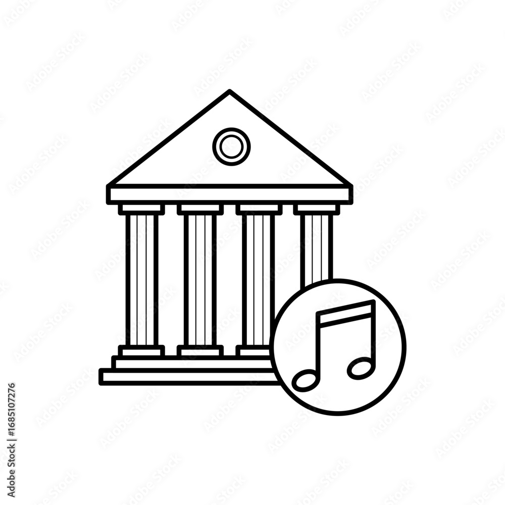 Poster a building with pillars is next to a circle containing a musical note. editable stroke. vector illus