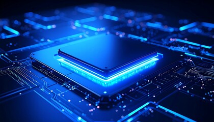 High-tech CPU on circuit board, glowing blue