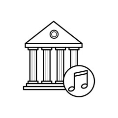 A building with pillars is next to a circle containing a musical note. Editable stroke. Vector illustration