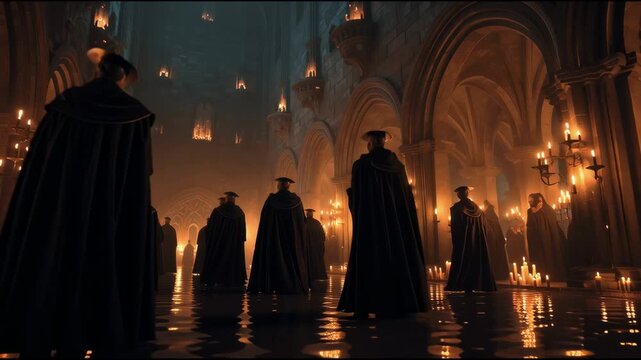 Spectral royal procession marching through candlelit ruins of ancient castle halls