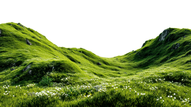 Lush green rolling hills covered in small white wildflowers under clear skies, cut out transparent