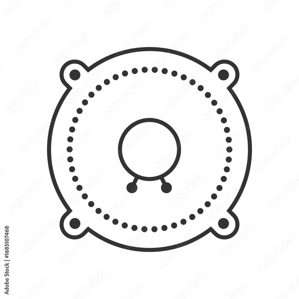 Poster a black and white graphic of a circular speaker with dots knobs and rounded edges. editable stroke. 
