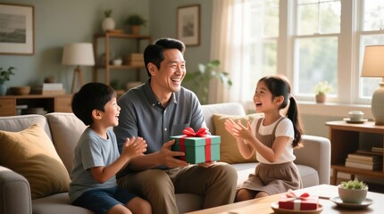 Father and children exchanging gifts in a home