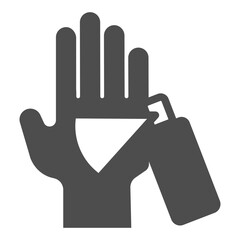 Hand with perfume spray solid icon, body hygiene concept. Vector graphics. Deodorant bottle and hand, cosmetics sign on white background, glyph style icon for mobile or web design.