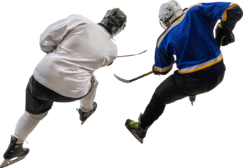Back view of two ice hockey players skating with sticks in competitive chase on transparent background. Concept of rivalry, teamwork, athletic speed, frozen action and sports energy.