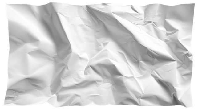 Textured crumpled white paper surface with deep shadows and highlights, cut out transparent