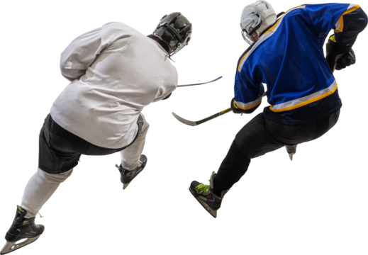 Back view of two ice hockey players skating with sticks in competitive chase on transparent background. Concept of rivalry, teamwork, athletic speed, frozen action and sports energy.
