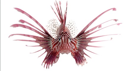 Striking lionfish facing front, with red and white stripes and feathery spines