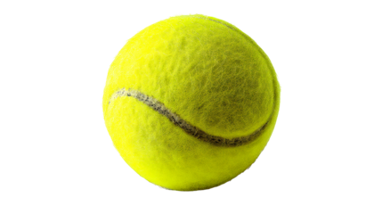 Close-up macro view of fuzzy neon yellow tennis ball with dark curved seam, cut out transparent