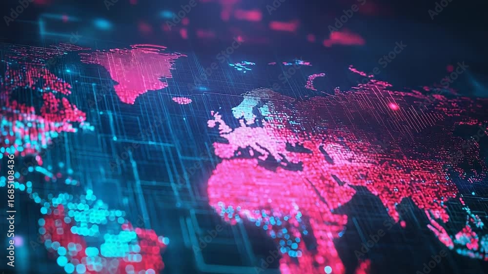 Poster futuristic world map showing digital data flowing across continents