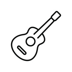 A black outlined acoustic guitar angled towards the upper right depicting its sound hole and bridge. Editable stroke. Vector illustration
